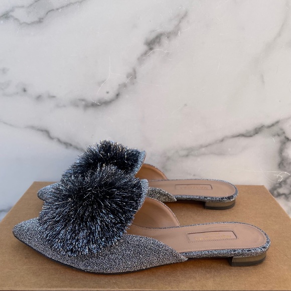 Aquazzura Powder Puff Pompom metallic silver lurex flat mules slippers size 36 - Picture 8 of 16